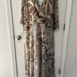 Neutral Leaf-Print Maxi Dress with Faux-Wrap Bodice